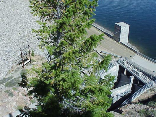 The transformer station, elevator building & spillway as seen by Dolly from above.